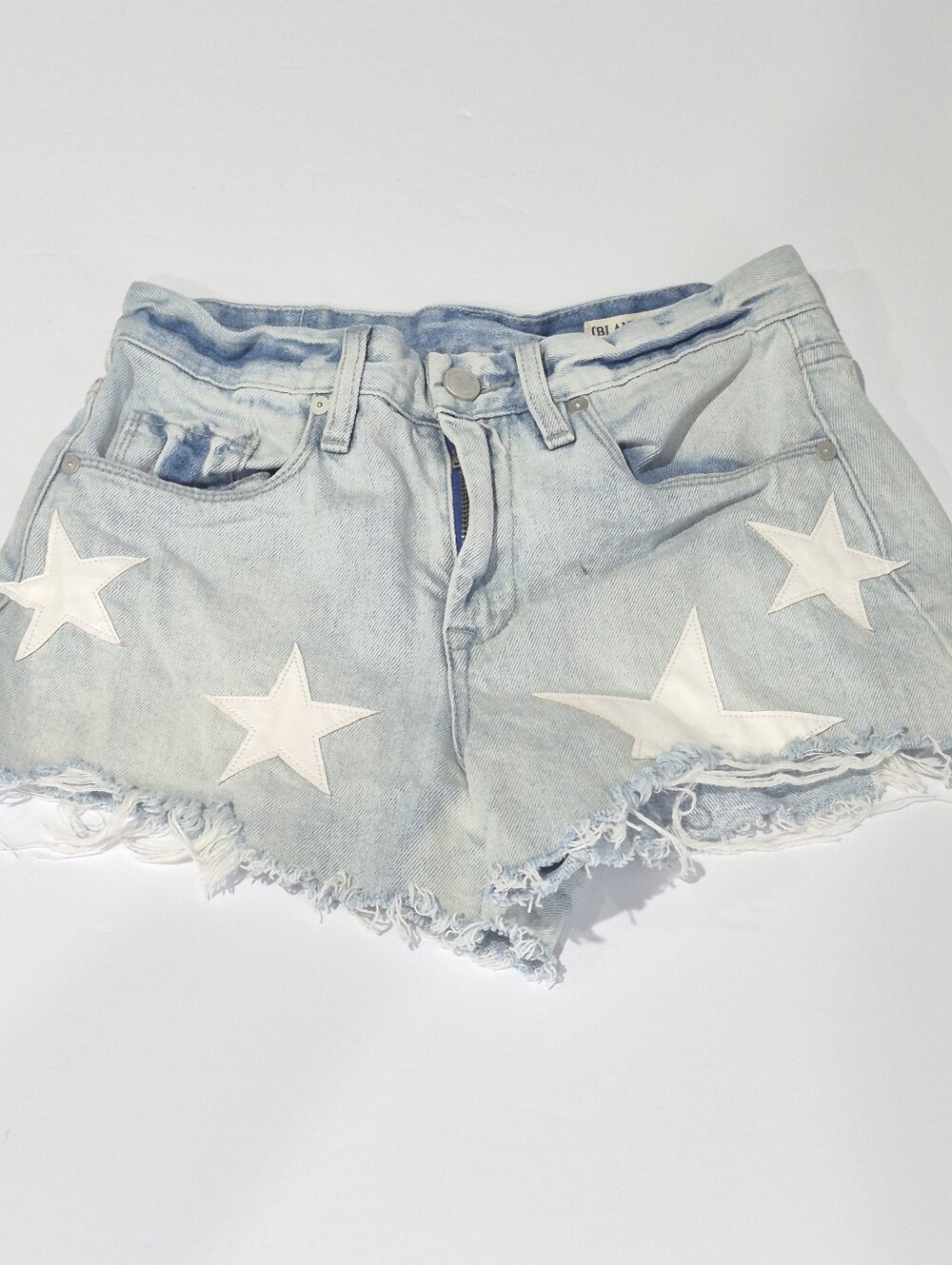 Blank NYC The Barrow Vintage Light Blue Denim High Rise Shorts with Star Patches